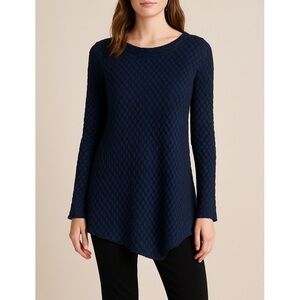Lisa Bayne Navy Textured Bubble Knit Tunic Top Asym Hem Long Sleeve L USA